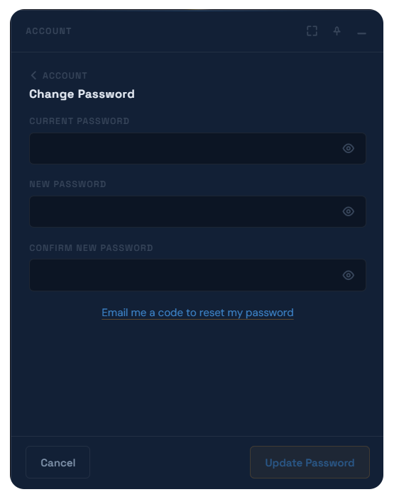 The Change Password screen, showing Current Password, New Password, and Confirm New Password fields.