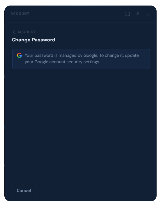The Change Password screen for a Google-managed account, showing the notice in place of password fields.