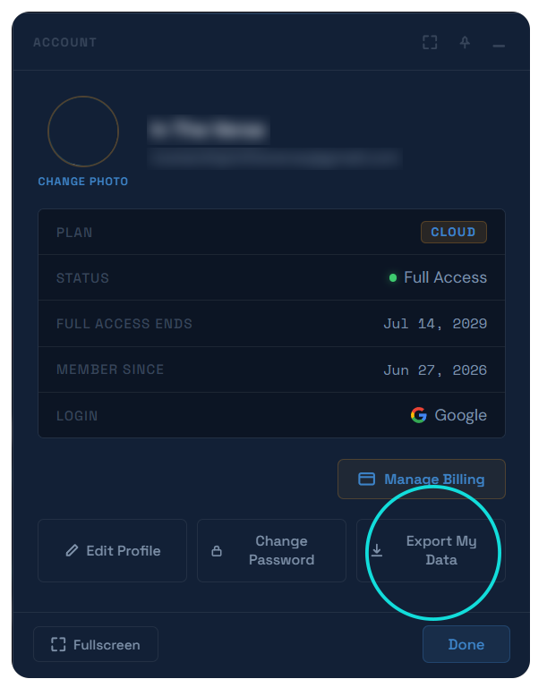 The Backup My Data button on the main Account screen.