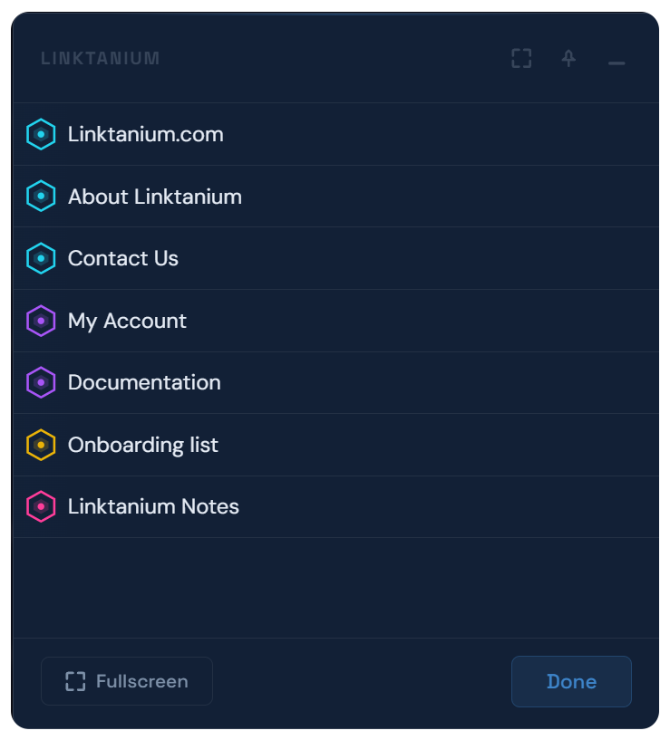 The Panel Dialog, a floating view listing all links and notes in a panel.