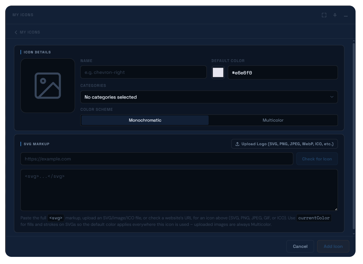 The icon add/edit form, showing name, default color, categories, color scheme, and SVG markup/upload fields.