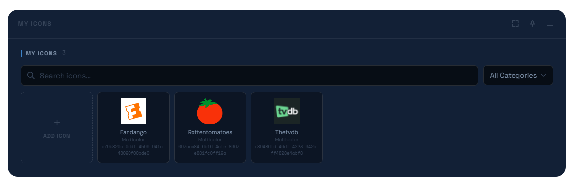 The My Icons dialog, showing a grid of uploaded icons with search, category filter, and an Add Icon tile.